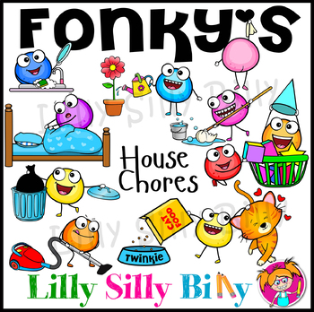 Preview of Fonky's House Chores - Clipart Collection. Color and Black & white Stamps.