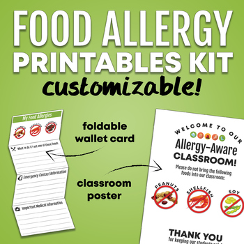 Preview of Food Allergy Printables Kit: Wallet Card and Classroom Poster [Customizable]