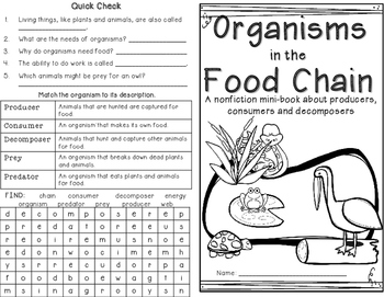 Food Chain Organisms Minibook: Producers, Consumers, Decomposers