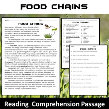 Preview of Food Chains Reading Comprehension Passage and Questions - PDF