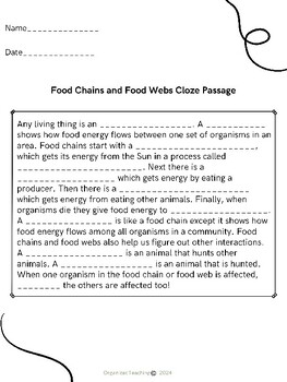 Food Chains and Food Webs Cloze Passage by OrganizedTeaching | TPT