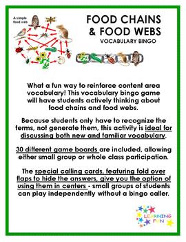 6 lessons grade english for Food Vocabulary LEARNING by Webs Chains Food FUN Bingo and