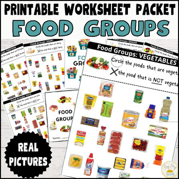 Preview of Food Group Printable Worksheets with Real Pictures| Food Pyramid | ZERO Prep