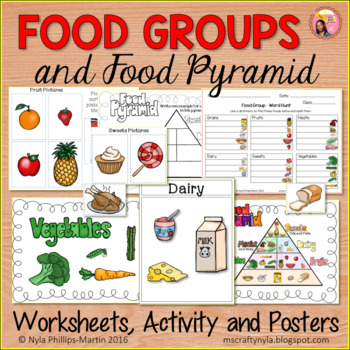 Preview of Food Group Printables: Sorting Activity, Worksheets, and Posters.