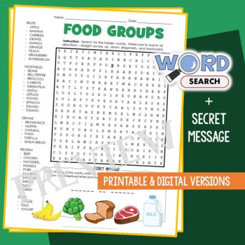 Preview of 5 Food Group Wordsearch Dairy Grain Protein Puzzle Vocabulary Activity Worksheet