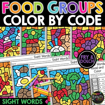 Preview of Food Groups Color by Code Sight Words No Prep Coloring Pages Nutrition
