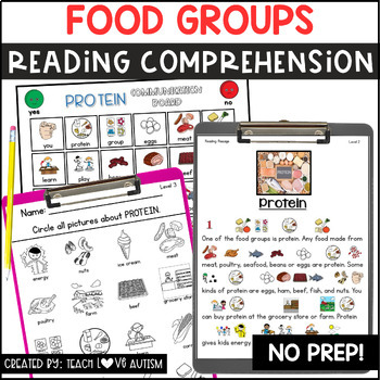 Preview of Food Groups Reading Comprehension Passages and Worksheets with Visuals
