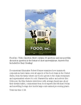Preview of Food Inc Movie Guide with Key!