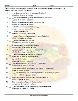 Food Items Multiple Choice Spanish Worksheet | TpT