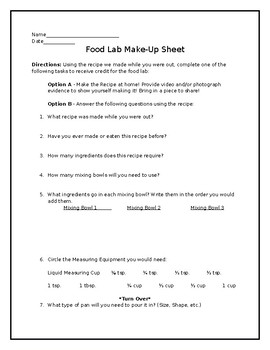 Preview of Food Lab Make-Up Sheet - Activity for students who are absent while Cooking