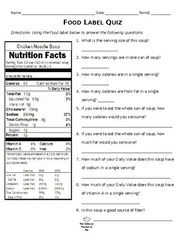 Preview of Food Label Quiz