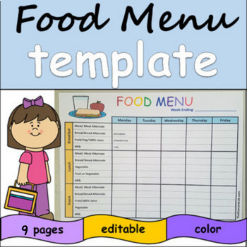 Preview of Food Menu Editable Template for Daycare Center & Family Childcare