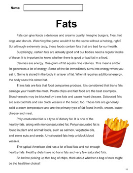 Preview of Food Nonfiction Reading Comprehension Passage 3: Fats (Grade 2-3)