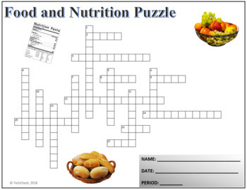Food Nutrition Terminology Crossword Puzzle Activity Worksheet