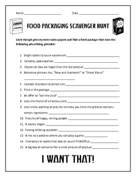 Preview of Food Packaging/Advertising Scavenger Hunt