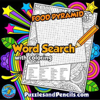 Preview of Food Pyramid Word Search Puzzle Activity Page with Coloring | World Food Day