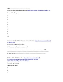 Preview of Food Safety worksheet that goes along with utube safety videos