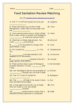 Preview of Food Sanitation Review Matching activity with answer key link!