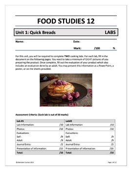 Preview of Food Studies 12 Unit 1: In the Kitchen COOKING LABS (digital)