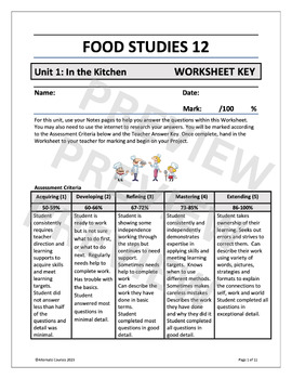 Preview of Food Studies 12 Unit 1: In the Kitchen WORKSHEET KEY