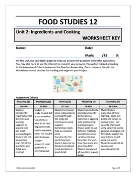 Preview of Food Studies 12 Unit 2: Ingredients and Cooking WORKSHEET KEY (digital)