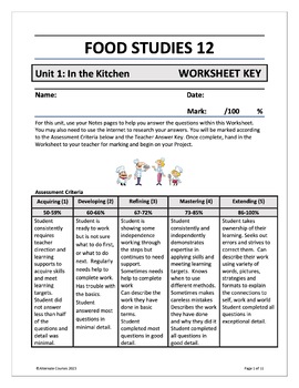 Preview of Food Studies 12 Unit 3: Nutrition and Healthy Eating WORKSHEET KEY