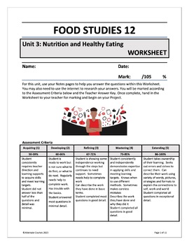 Preview of Food Studies 12 Unit 3: Nutrition and Healthy Eating WORKSHEET