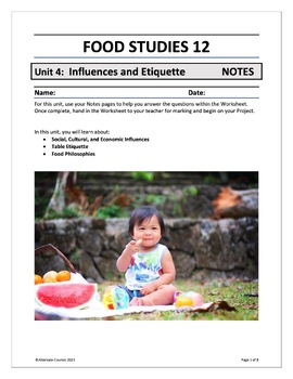 Preview of Food Studies 12 Unit 4: Influences and Etiquette NOTES