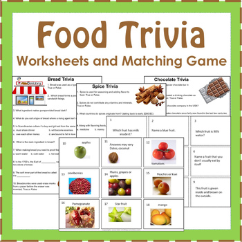 Preview of Food Trivia Worksheets and Matching Card Game
