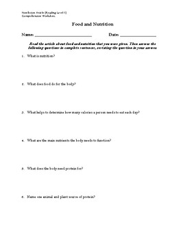 Preview of Food and Nutrition Article (Reading Level 1) Comprehension Worksheet