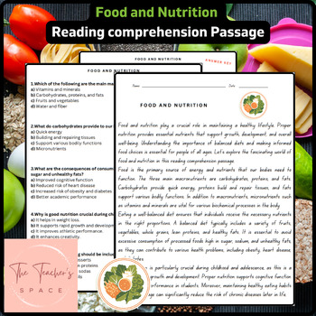 Preview of Food and Nutrition Reading Comprehension Passage