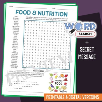 Preview of Food and Nutrition Word Search Puzzle Wellness Vocabulary Activity Worksheet