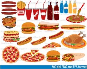 Preview of Food school Clip Art fast food Spaghetti Pizza junk french fries Drinks -057-