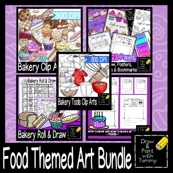 Preview of Food themed art bundle with posters, clip arts, how to draw and roll and draw