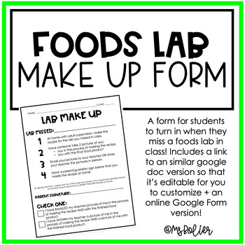 Preview of Foods Lab Make Up Form | Food + Nutrition | Family Consumer Sciences | FCS