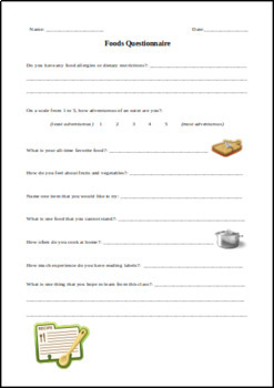 Preview of Foods Questionnaire - Editable! Great for culinary, nutrition, and FCS classes!