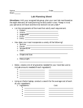 Foods and Nutrition Lab Planning Sheet by Katherine Whatley | TpT