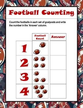 Preview of Football Counting,Football Math Fun Activity: Engaging Printables for Grades K-2