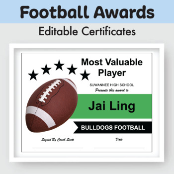 Preview of Football Editable Award Certificates | For Coaches, K-12 Sports Teams