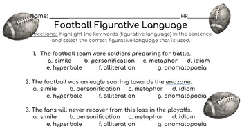 Preview of Football Figurative Language quiz/test/homework/worksheet/practice (editable)