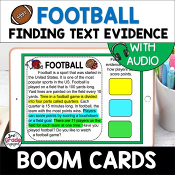 Preview of Football Finding Citing Text Evidence Reading Boom Cards Task Cards with Audio