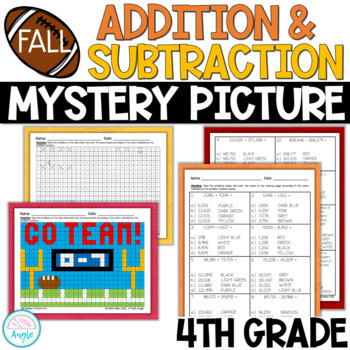 Preview of 4th Grade Addition & Subtraction - Fall Mystery Coloring Picture - Football Game