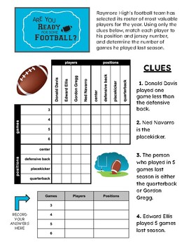 Preview of Football - Critical Thinking Grid Logic Puzzle w/ Zentangle to Color