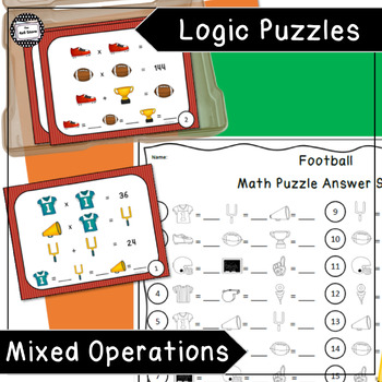 Preview of Football Math Logic Puzzle Enrichment Activity Mixed Operations Task Cards