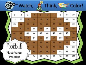 Football Place Value Practice - Watch, Think, Color Mystery Pictures