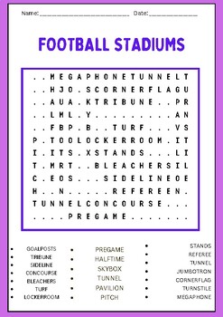 Football Stadiums Word Search puzzles worksheet activity | TPT