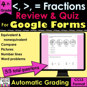 Preview of For Google Forms Compare & Equivalent Fractions Review & Quiz; self-grades