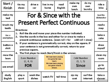 Preview of For and Since with the Present Perfect Continuous Board Game