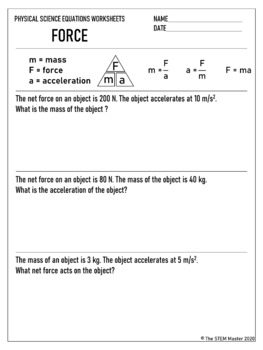 Force Equation Worksheet by The STEM Master | Teachers Pay Teachers