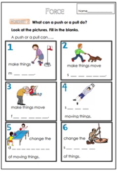 Force Worksheet for G. 1-3 by Smiley Teacher | Teachers Pay Teachers